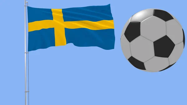 Реалістичний метеликоподібні прапор Швеції та футбол м'яч, літає на синьому фоні, 3d-рендерінг. — стокове фото