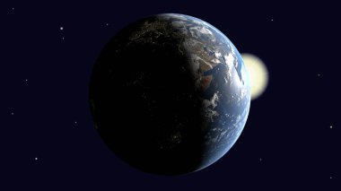 Görünür Afrika ve Avrupa Güneş tarafından aydınlatılmış Dünya'nın kendi ekseni etrafında döner alan, 3d render, Nasa tarafından döşenmiş görüntü unsurları içine.