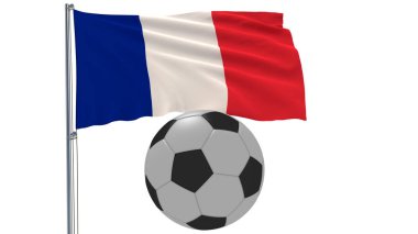 Çırpınan bayrağı gerçekçi 3d render, beyaz bir arka plan etrafında uçan Fransa ve futbol topu.