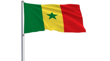 Senegal bayrağı üzerinde beyaz bir arka planda 3d render rüzgarda çırpınan bir bayrak direğine izole.