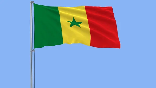 Aislar la bandera de Senegal en un asta de la bandera ondeando en el viento sobre un fondo azul, 3d representación . —  Fotos de Stock