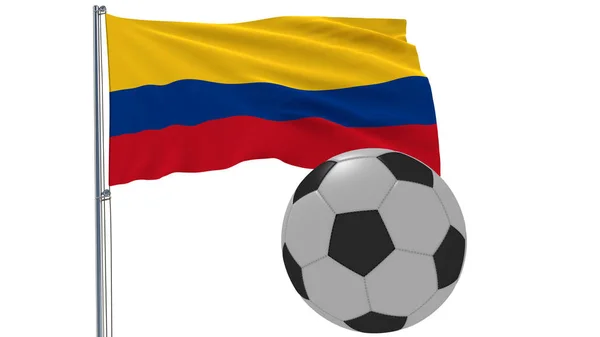 Bandeira balançando realista da Colômbia e bola de futebol voando em torno de um fundo branco, 3d renderização . — Fotografia de Stock