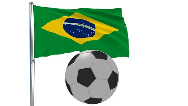 白の背景、3 d レンダリングに飛んでブラジルとサッカー ボールのリアルな旗. — ストック写真