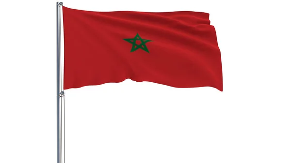 Elkülöníteni a zászlórúd, csapkodott a szélben, egy fehér háttér, 3d rendering a Marokkó zászlaja. — Stock Fotó