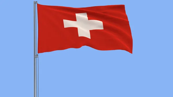 Isoleren van de vlag van Zwitserland op een vlaggenmast wapperen in de wind op een blauwe achtergrond, 3D-rendering. — Stockfoto