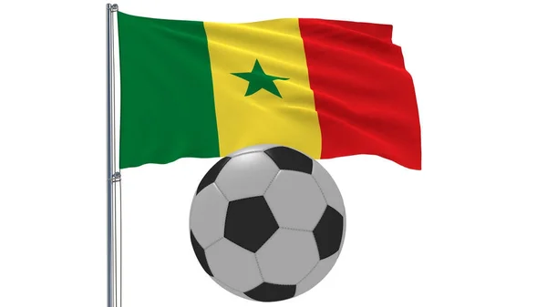 Realistické vlající vlajka Senegalu a fotbalový míč letící kolem na bílém pozadí, 3d vykreslování. — Stock fotografie