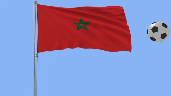 Bandeira balançando realista de Marrocos e bola de futebol voando em torno de um fundo azul, 3d renderização . — Fotografia de Stock