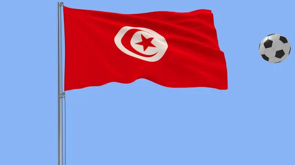 Bandeira balançando realista da Tunísia e bola de futebol voando em torno de um fundo azul, 3d renderização . — Fotografia de Stock