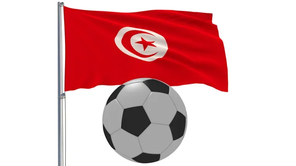 Realistische Flatterfahne aus Tunisien und Fußball auf weißem Hintergrund, 3D-Darstellung. — Stockfoto