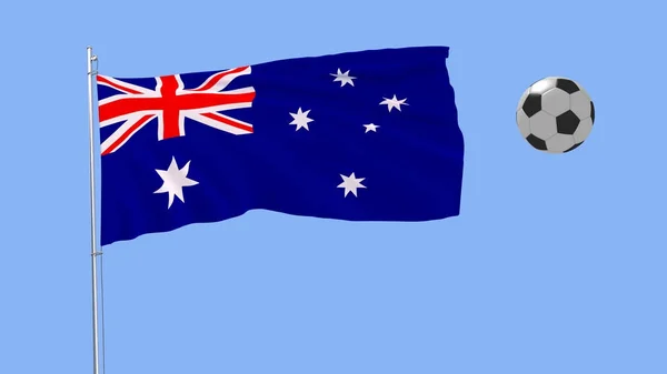 Bandeira balançando realista da Austrália e bola de futebol voando em torno de um fundo azul, 3d renderização . — Fotografia de Stock