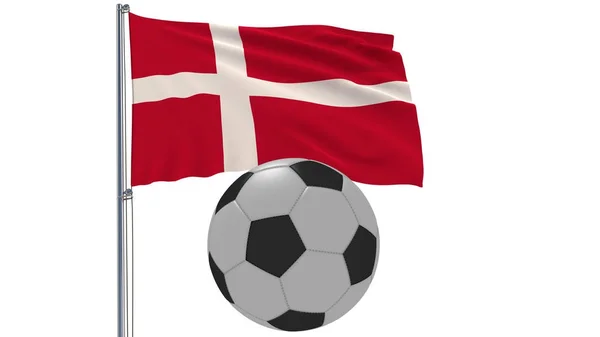 Realistisk fladdrande flagga Danmark och fotboll bollen flyger runt på en vit bakgrund, 3d-rendering. — Stockfoto