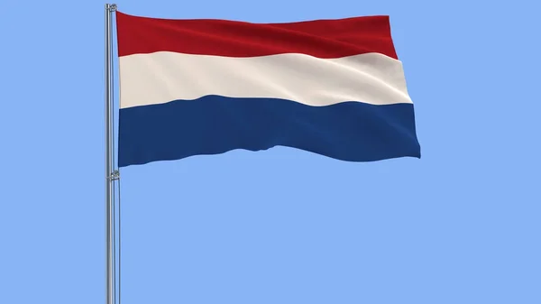 Isolierte Flagge der Niederlande auf einem Fahnenmast, der im Wind auf blauem Hintergrund flattert, 3D-Darstellung. — Stockfoto