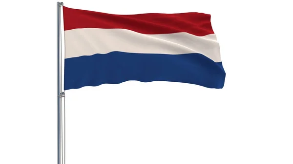 Isolar a bandeira da Holanda em um mastro de bandeira que flutua no vento em um fundo branco, renderização 3d . — Fotografia de Stock