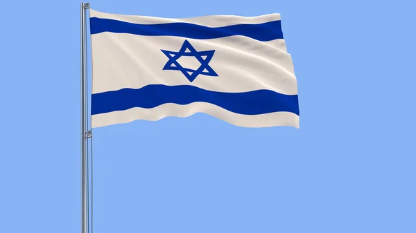Aislar la bandera de Israel en un asta de la bandera ondeando en el viento sobre un fondo azul, 3d representación . —  Fotos de Stock