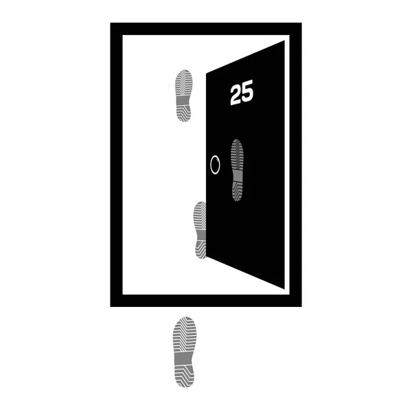 Vector illustration of an open door with the number twenty-five and shoe prints on the door and the next, flat style — Stock Vector