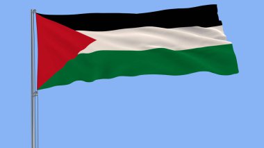 Mavi arka plan, 3d render rüzgarla içinde çırpınan bir bayrak direğine Filistin bayrağı izole.