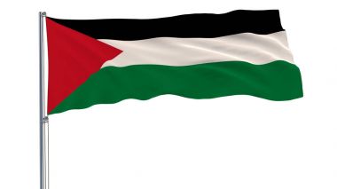 Beyaz bir arka planda 3d render rüzgarda çırpınan bir bayrak direğine Filistin bayrağı izole.