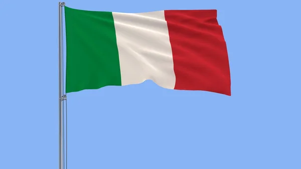 Aislar la bandera de Italia en un asta de la bandera ondeando en el viento sobre un fondo azul, 3d representación . — Foto de Stock