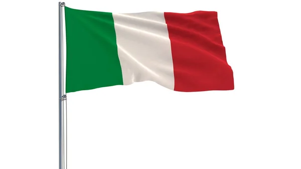 Isolar a bandeira da Itália em um mastro de bandeira que flutua no vento em um fundo branco, renderização 3d . — Fotografia de Stock