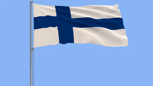 Aislar la bandera de Finlandia en un asta de la bandera ondeando en el viento sobre un fondo azul, 3d representación . —  Fotos de Stock