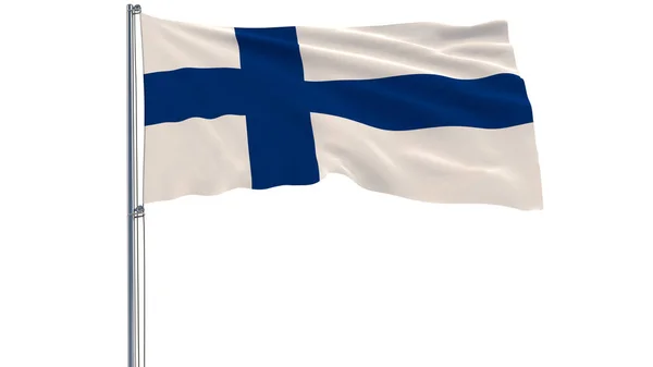 Isoleren van de vlag van Finland op een vlaggenmast wapperen in de wind op een witte achtergrond, 3D-rendering. — Stockfoto