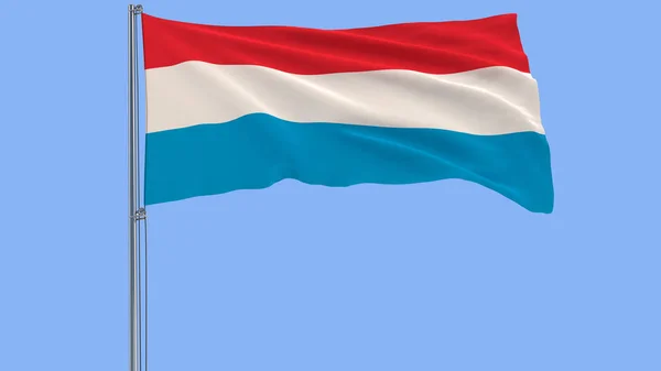 Isolasi bendera Luksemburg pada tiang bendera berkibar di angin dengan latar belakang biru, 3d render . — Stok Foto