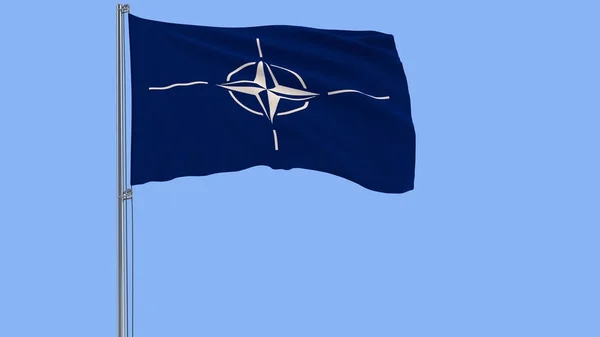 Isoleren van de vlag van de Noord-Atlantische Verdragsorganisatie - NAVO op een vlaggenmast wapperen in de wind op een blauwe achtergrond, 3D-rendering. — Stockfoto