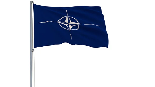 Isoleren van de vlag van de Republiek van de Noord-Atlantische Verdragsorganisatie - NAVO op een vlaggenmast wapperen in de wind op een witte achtergrond, 3D-rendering. — Stockfoto