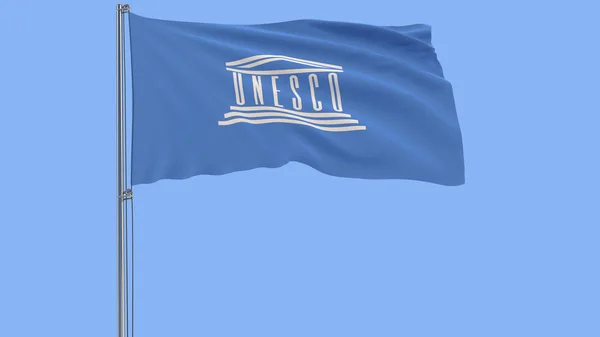 Aislar la bandera de la UNESCO en un asta de la bandera ondeando en el viento sobre un fondo azul, 3d representación . — Foto de Stock