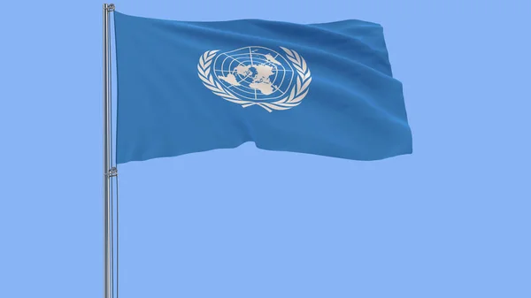 Bandera aislada de las Naciones Unidas - ONU en un asta de la bandera ondeando en el viento sobre un fondo azul, 3d representación — Foto de Stock