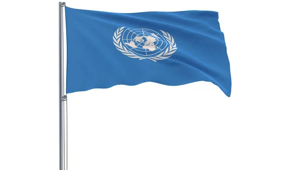 Изолировать флаг ООН - ООН на флагштоке, развевающемся на ветру на белом фоне, 3d рендеринг — стоковое фото