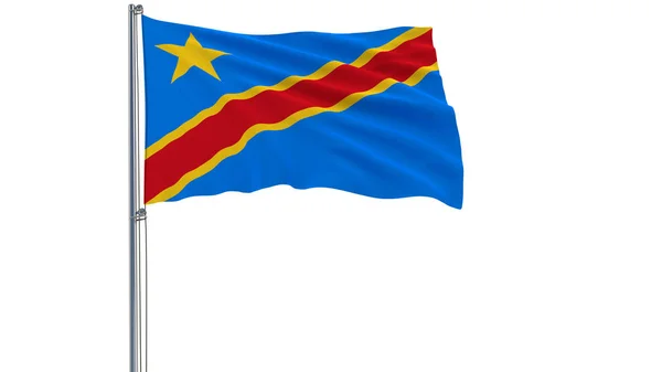 Isoleren van de vlag van de Democratische Republiek Congo op een vlaggenmast wapperen in de wind op een witte achtergrond, 3D-rendering. — Stockfoto