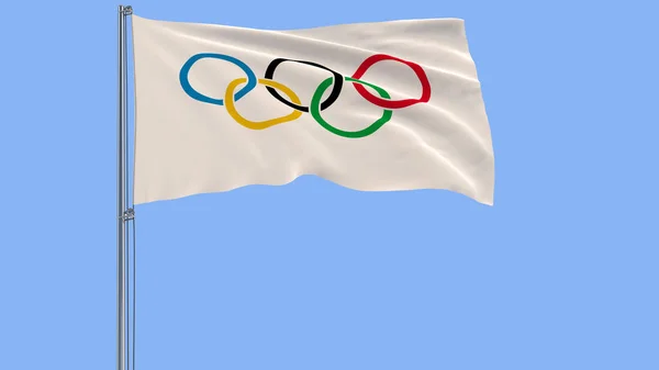 Σημαία των Ολυμπιακών Αγώνων σε ένα κοντάρι σημαίας που κυματίζει στον αέρα σε μπλε φόντο, 3d rendering — Φωτογραφία Αρχείου