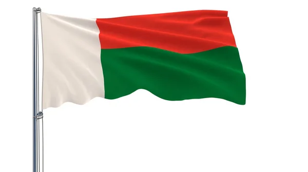 Aislar la bandera de Madagascar en un asta de la bandera ondeando en el viento sobre un fondo blanco, 3d representación . —  Fotos de Stock