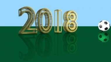 Futbol topu rulo ve altın basamak 2018, 3d render geçmiş yeşil cam yüzey boyunca slaytlar
