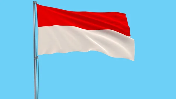 Isolasi bendera Indonesia pada tiang bendera berkibar di angin dengan latar belakang biru, 3d rendering . — Stok Foto