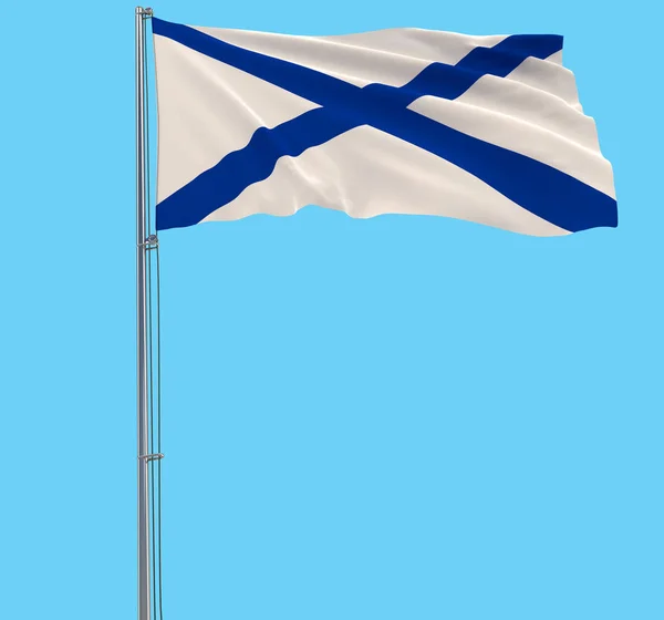 Андріївський прапор на флагштока майорить у вітер на синьому фоні, 3d-рендерінг. — стокове фото