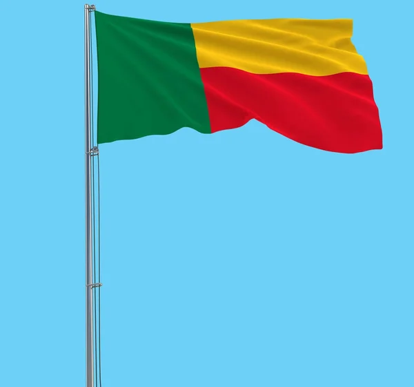 Benin bayrağı mavi arka plan, 3d render rüzgarla içinde çırpınan bir bayrak direği üzerinde izole. — Stok fotoğraf