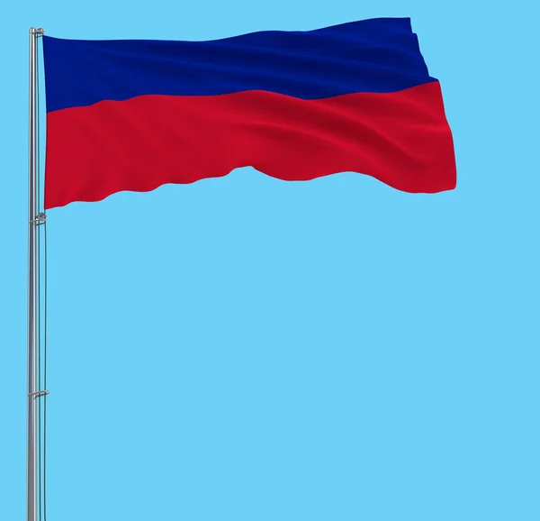 Isolar a bandeira do Haiti em um mastro de bandeira que flutua no vento em um fundo azul, renderização 3d . — Fotografia de Stock