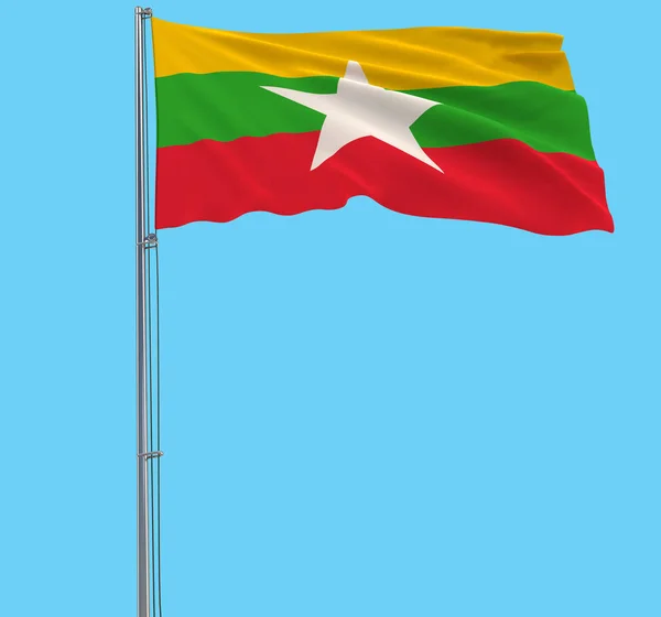 Drapeau isolé du Myanmar sur un mât flottant dans le vent sur un fond bleu, rendu 3d . — Photo