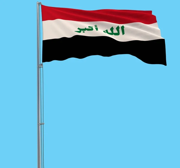 Geïsoleerde vlag in kleuren van Irak op een vlaggenmast wapperen in de wind op een blauwe achtergrond, 3D-rendering. — Stockfoto