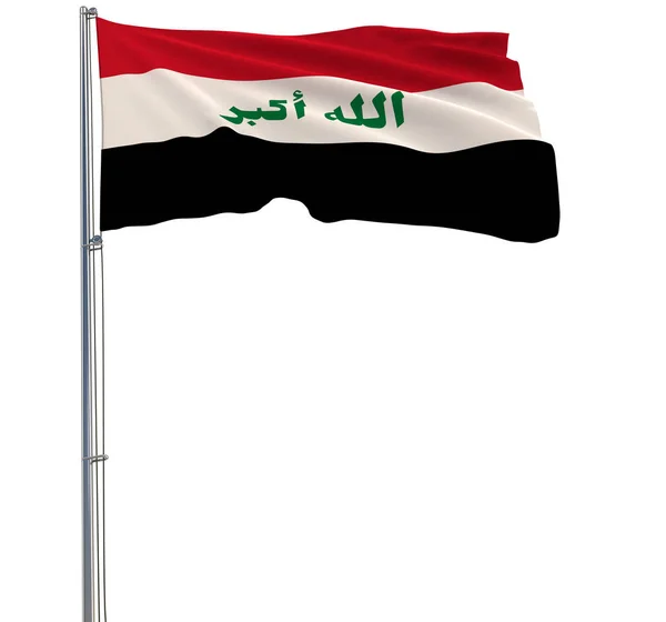 Geïsoleerde vlag in kleuren van Irak op een vlaggenmast wapperen in de wind op een witte achtergrond, 3D-rendering. — Stockfoto