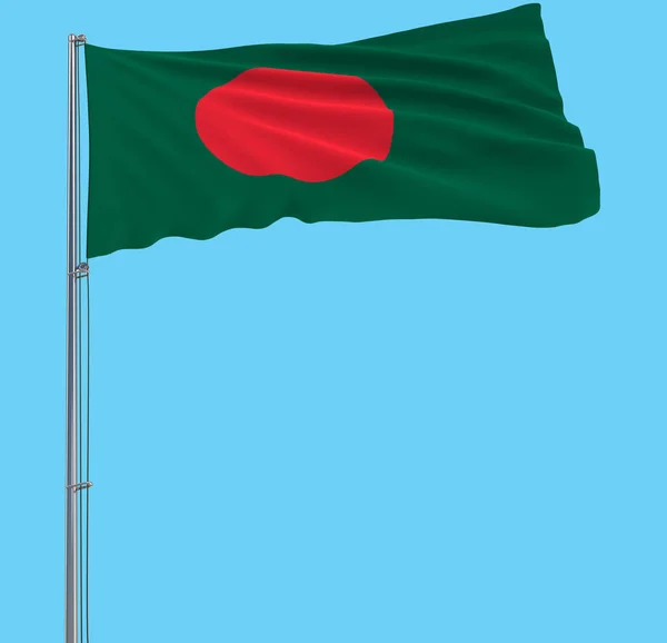 Aislar la bandera de Bangladesh en un asta de la bandera ondeando en el viento sobre un fondo azul . —  Fotos de Stock