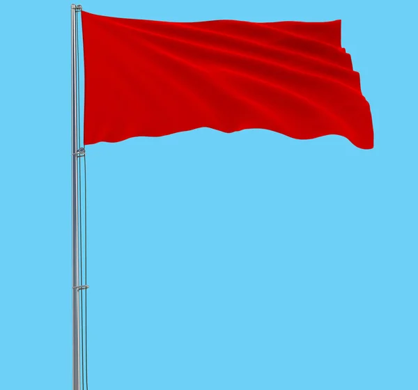 Isoleren van de rode vlag op een vlaggenmast wapperen in de wind op een blauwe achtergrond, 3D-rendering. — Stockfoto