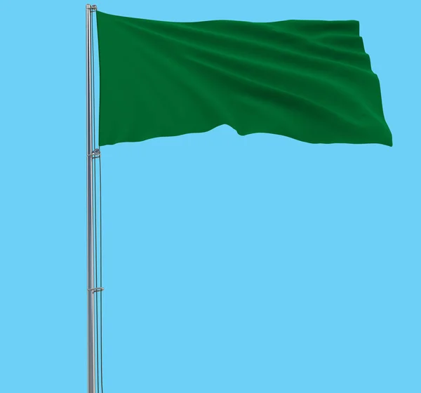 Isoleren van de groene vlag op een vlaggenmast wapperen in de wind op een blauwe achtergrond, 3D-rendering. — Stockfoto