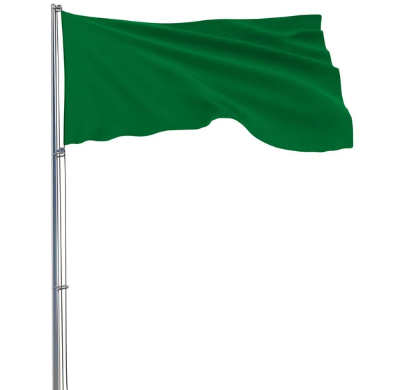 Isolar a bandeira verde em um mastro de bandeira que flutua no vento em um fundo branco, renderização 3d . — Fotografia de Stock