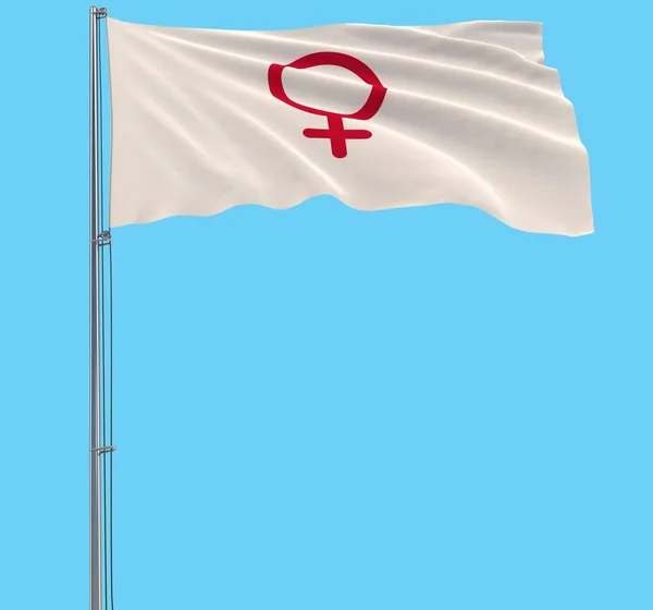 Bendera putih dengan simbol perempuan di tiang bendera berkibar di angin dengan latar belakang biru, 3d rendering . — Stok Foto