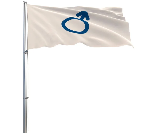 Beyaz bayrak beyaz bir arka planda 3d render rüzgarda çırpınan bir bayrak direğine erkek sembolü ile. — Stok fotoğraf