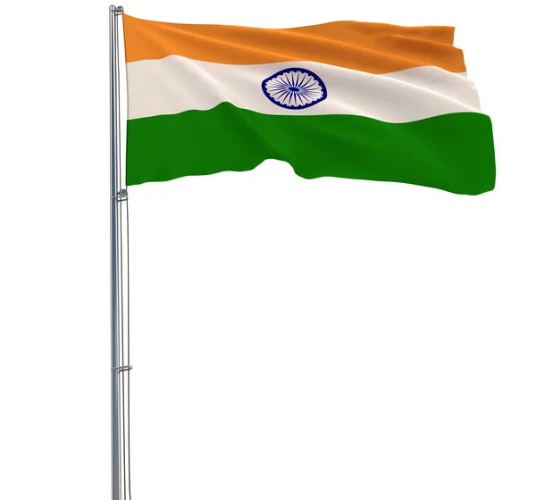 Изолировать флаг Индии на флагштоке, развевающемся на ветру на белом фоне, 3d рендеринг . — стоковое фото