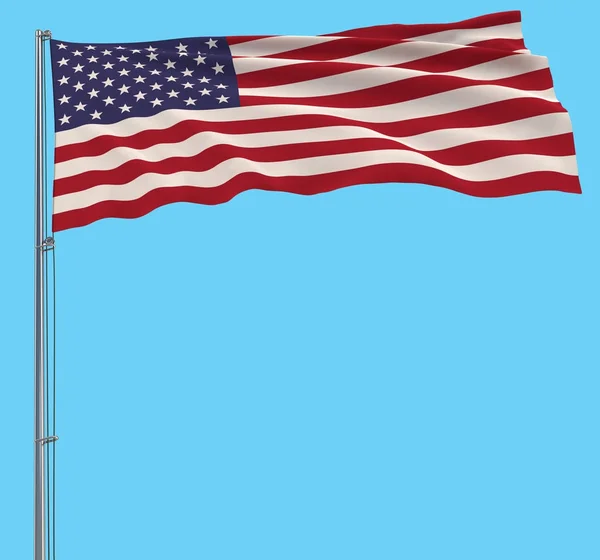 Isoleren van de vlag van de Verenigde Staten op een vlaggenmast wapperen in de wind op een blauwe achtergrond, 3D-rendering — Stockfoto